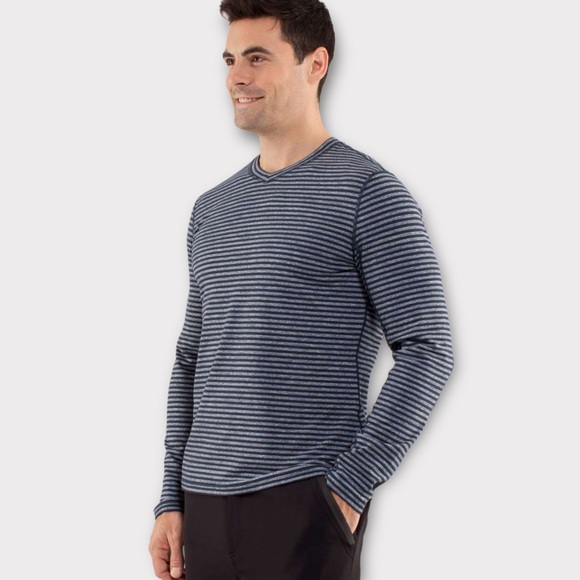 Lululemon Men’s Speed Long Sleeve Shirt Classic Stripe Heathered Black Iris Blue - Picture 2 of 14